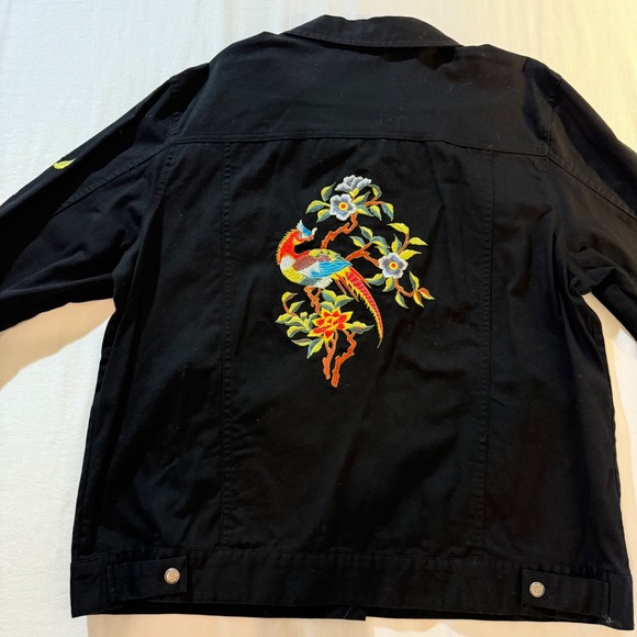 Yi Lin Black Embroidered Bird‎ Floral Denim Jacket Women's Size L - Picture 10 of 12